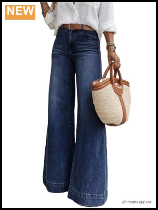 Denim - Wide Leg High Waisted Stretchy Flare Jeans with Pockets